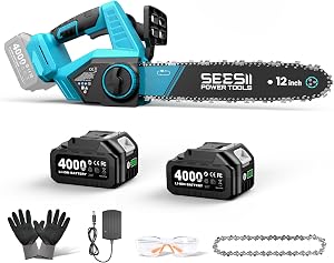 SEESII Electric Chainsaw Cordless 12-inch, Handheld Chain Saws with 2 x 4.0Ah Battery, Tre